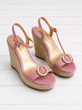 $250 Hale Bob Pink Wedge Raffia Floral Espadrille Sandals with Gold Buckles 8.5